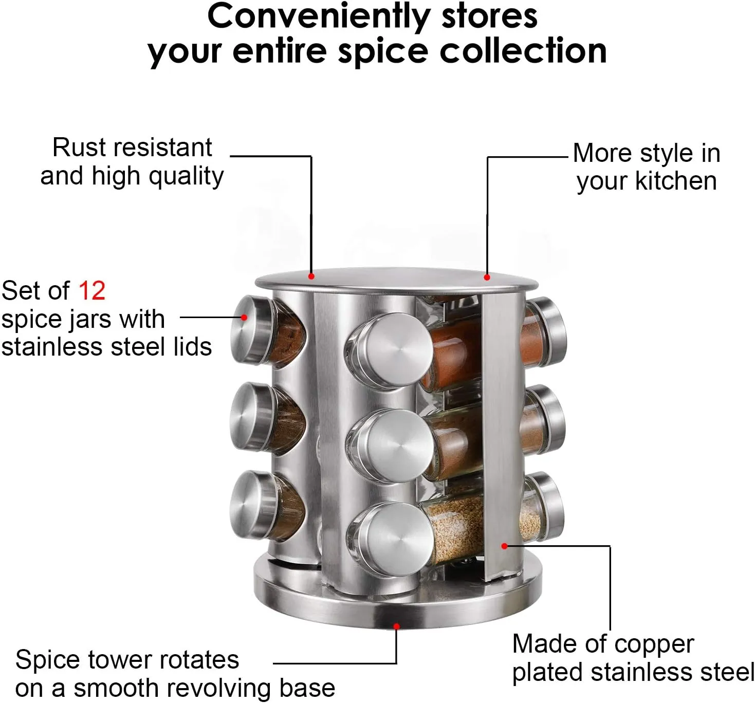Revolving 12-Jar Countertop Spice Rack Stainless Steel