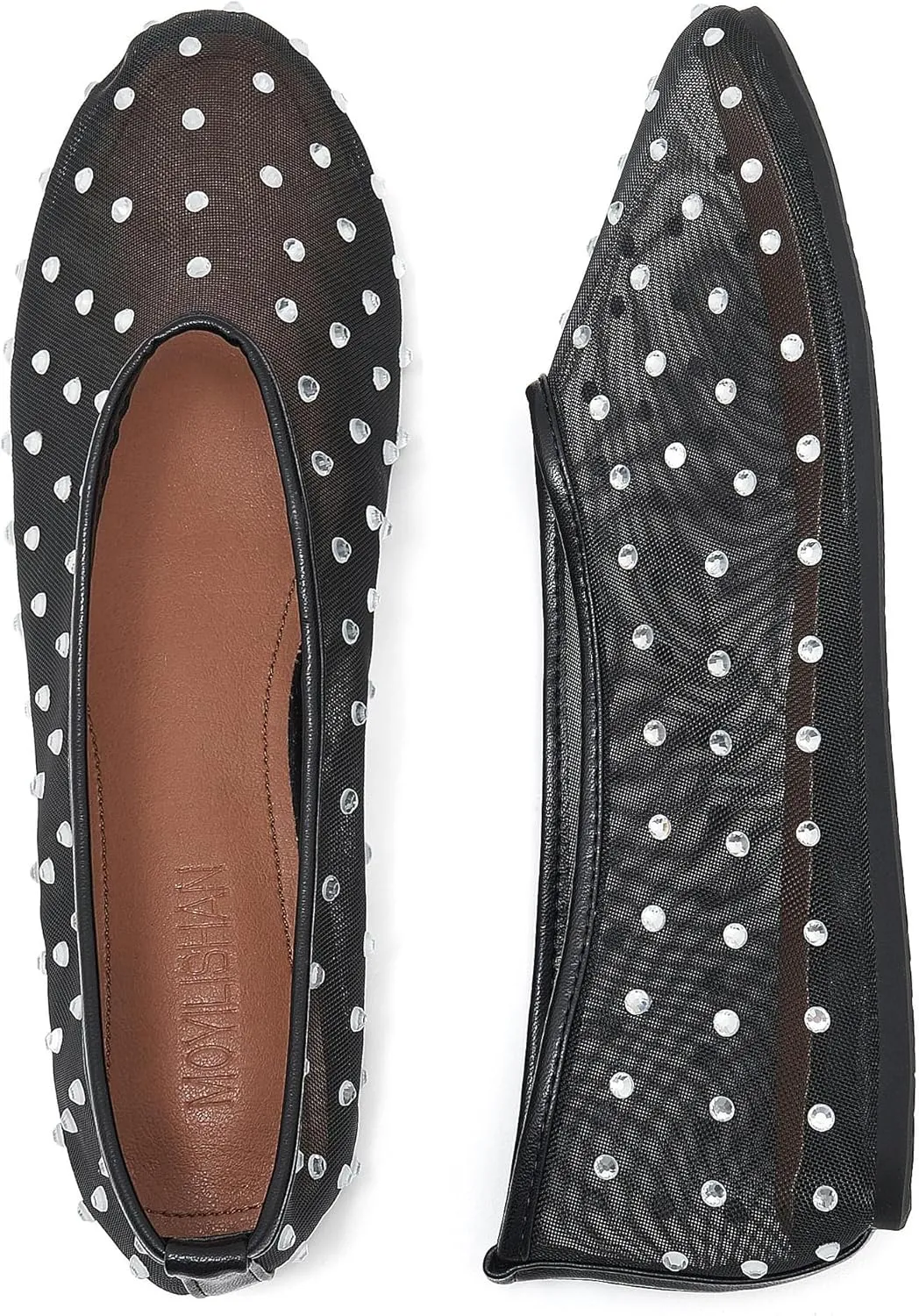 Rhinestone Mary Jane Ballet Flats for Women Crystal-Embellished Mesh Ballerina Shoes Comfortable Casual Dress Flat Shoe