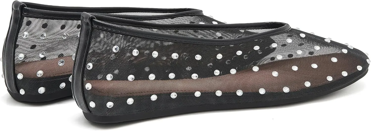 Rhinestone Mary Jane Ballet Flats for Women Crystal-Embellished Mesh Ballerina Shoes Comfortable Casual Dress Flat Shoe