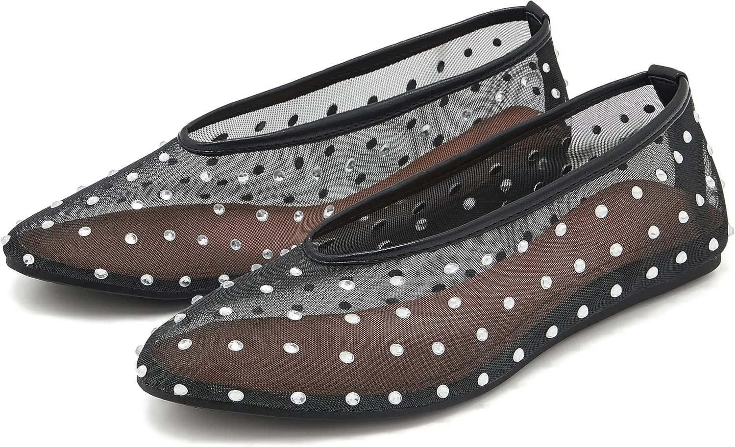 Rhinestone Mary Jane Ballet Flats for Women Crystal-Embellished Mesh Ballerina Shoes Comfortable Casual Dress Flat Shoe