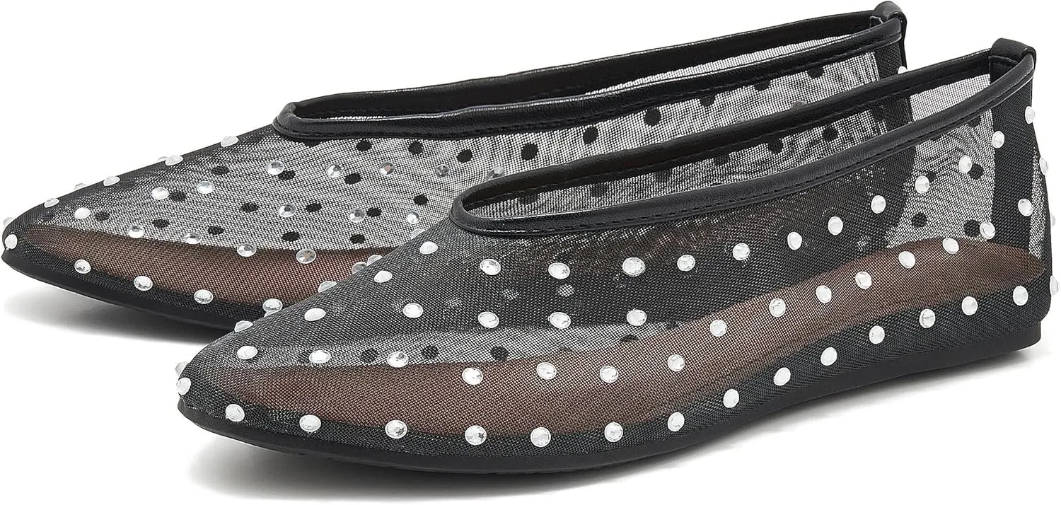 Rhinestone Mary Jane Ballet Flats for Women Crystal-Embellished Mesh Ballerina Shoes Comfortable Casual Dress Flat Shoe