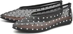 Rhinestone Mary Jane Ballet Flats for Women Crystal-Embellished Mesh Ballerina Shoes Comfortable Casual Dress Flat Shoe