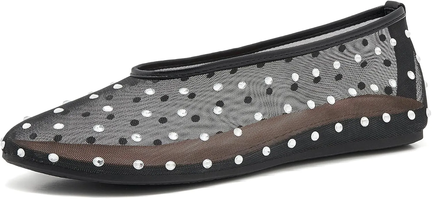 Rhinestone Mary Jane Ballet Flats for Women Crystal-Embellished Mesh Ballerina Shoes Comfortable Casual Dress Flat Shoe