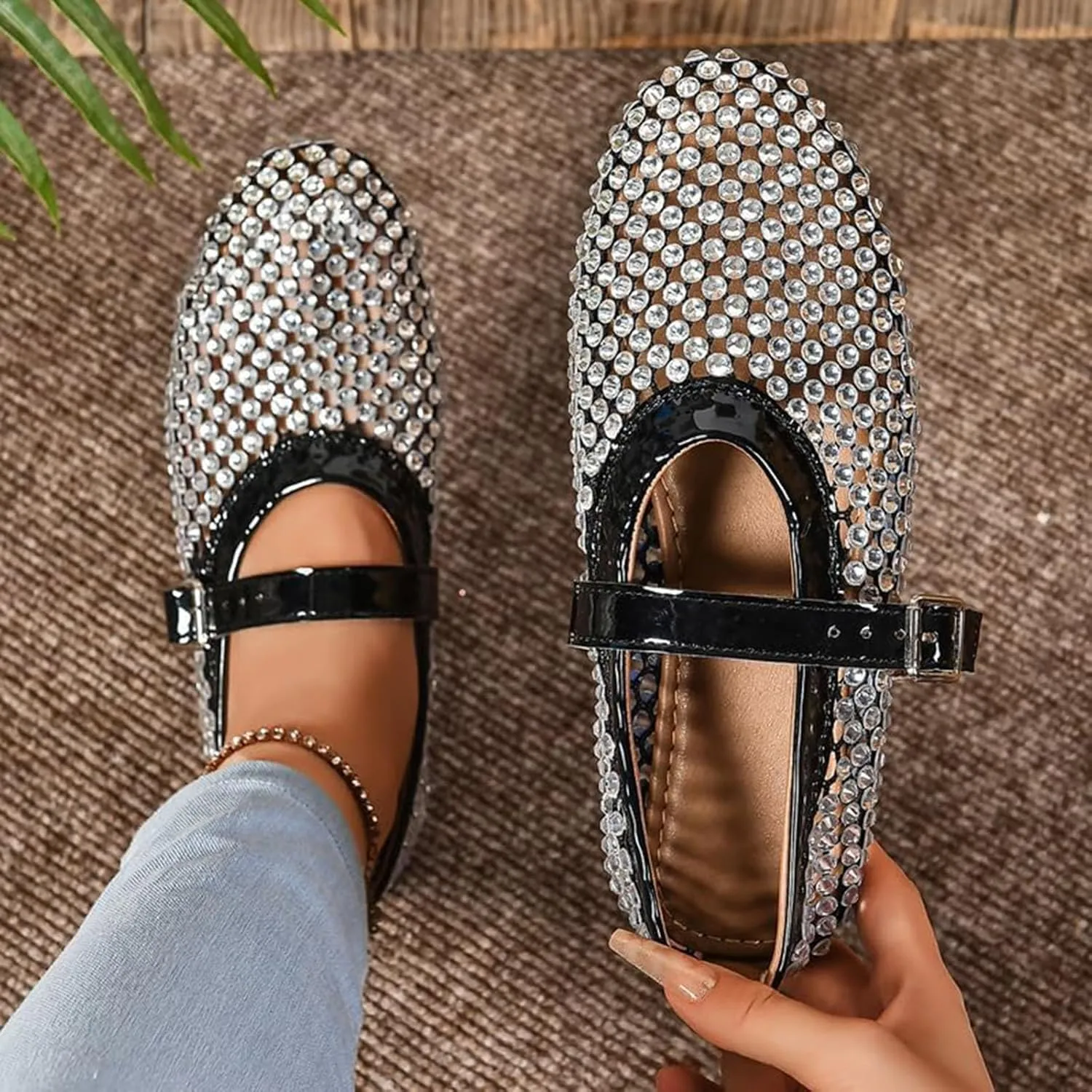 Rhinestone Mesh Ballet Flats for Women, Sparkly Ballet Flats with Buckle Strap, Crystals Mesh Flats for Women