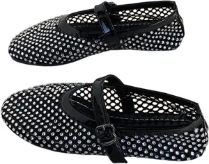 Rhinestone Mesh Ballet Flats for Women, Sparkly Ballet Flats with Buckle Strap, Crystals Mesh Flats for Women
