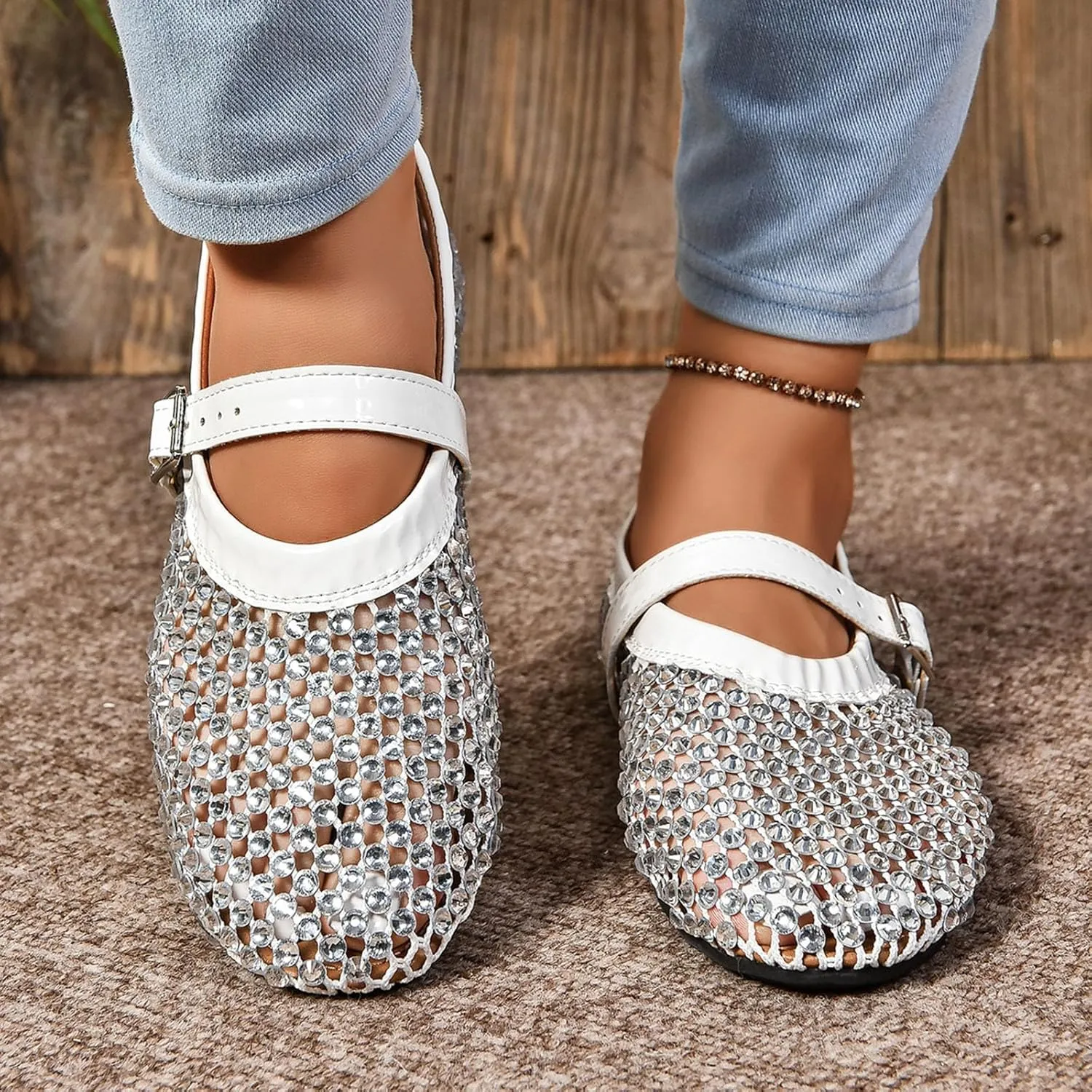 Rhinestone Mesh Ballet Flats for Women, Sparkly Ballet Flats with Buckle Strap, Crystals Mesh Flats for Women