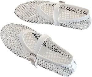 Rhinestone Mesh Ballet Flats for Women, Sparkly Ballet Flats with Buckle Strap, Crystals Mesh Flats for Women