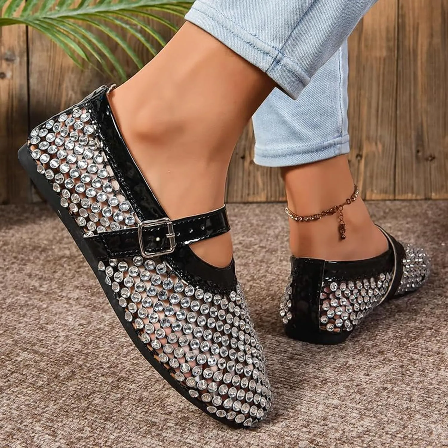 Rhinestone Mesh Ballet Flats for Women, Sparkly Ballet Flats with Buckle Strap, Crystals Mesh Flats for Women