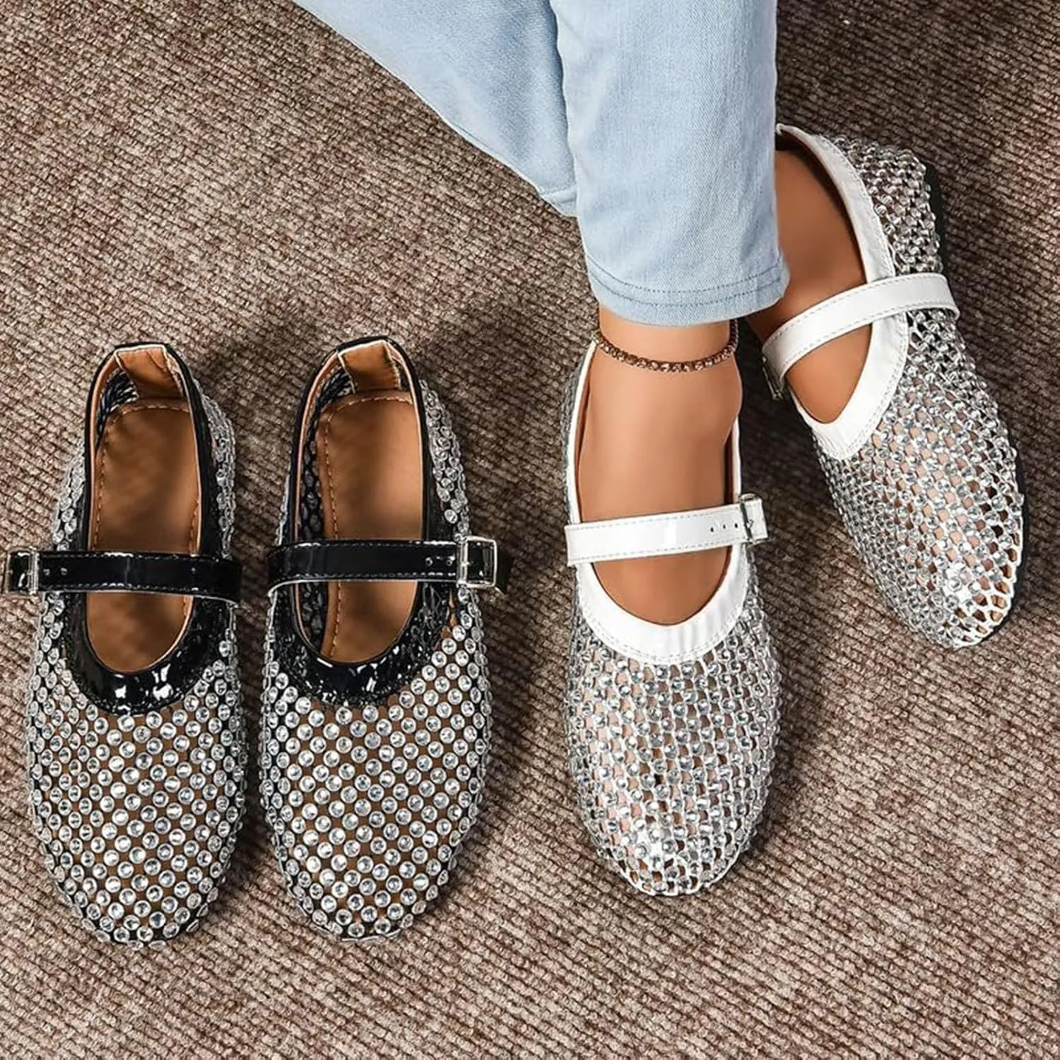 Rhinestone Mesh Ballet Flats for Women, Sparkly Ballet Flats with Buckle Strap, Crystals Mesh Flats for Women