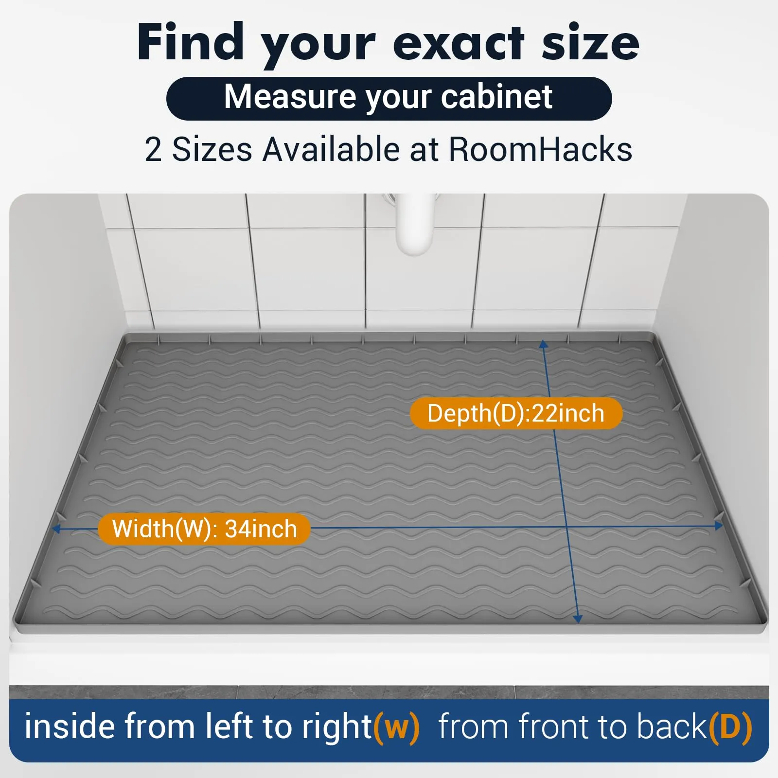 RoomHacks Under Sink Mat for Kitchen Waterproof, 34" x 22" Silicone Under Sink Liner, Kitchen Bathroom Cabinet Mat, Fit 36inch Standard Cabinet Mat Under Sink Organizer Drip Tray Dark Grey