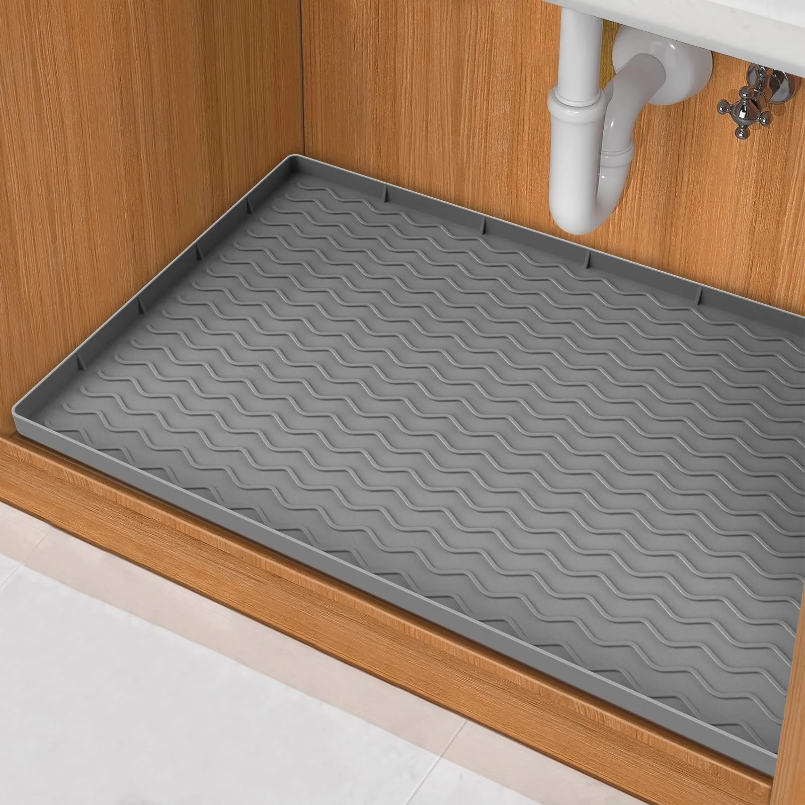 RoomHacks Under Sink Mat for Kitchen Waterproof, 34" x 22" Silicone Under Sink Liner, Kitchen Bathroom Cabinet Mat, Fit 36inch Standard Cabinet Mat Under Sink Organizer Drip Tray Dark Grey