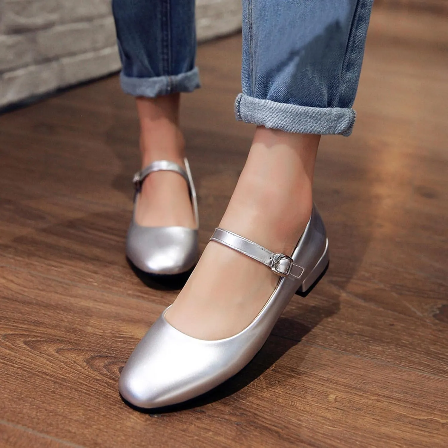 Round Toe Ankle Strap Mary Janes Flats Patent Leather Low Heels Pumps School Uniform Dress Shoes