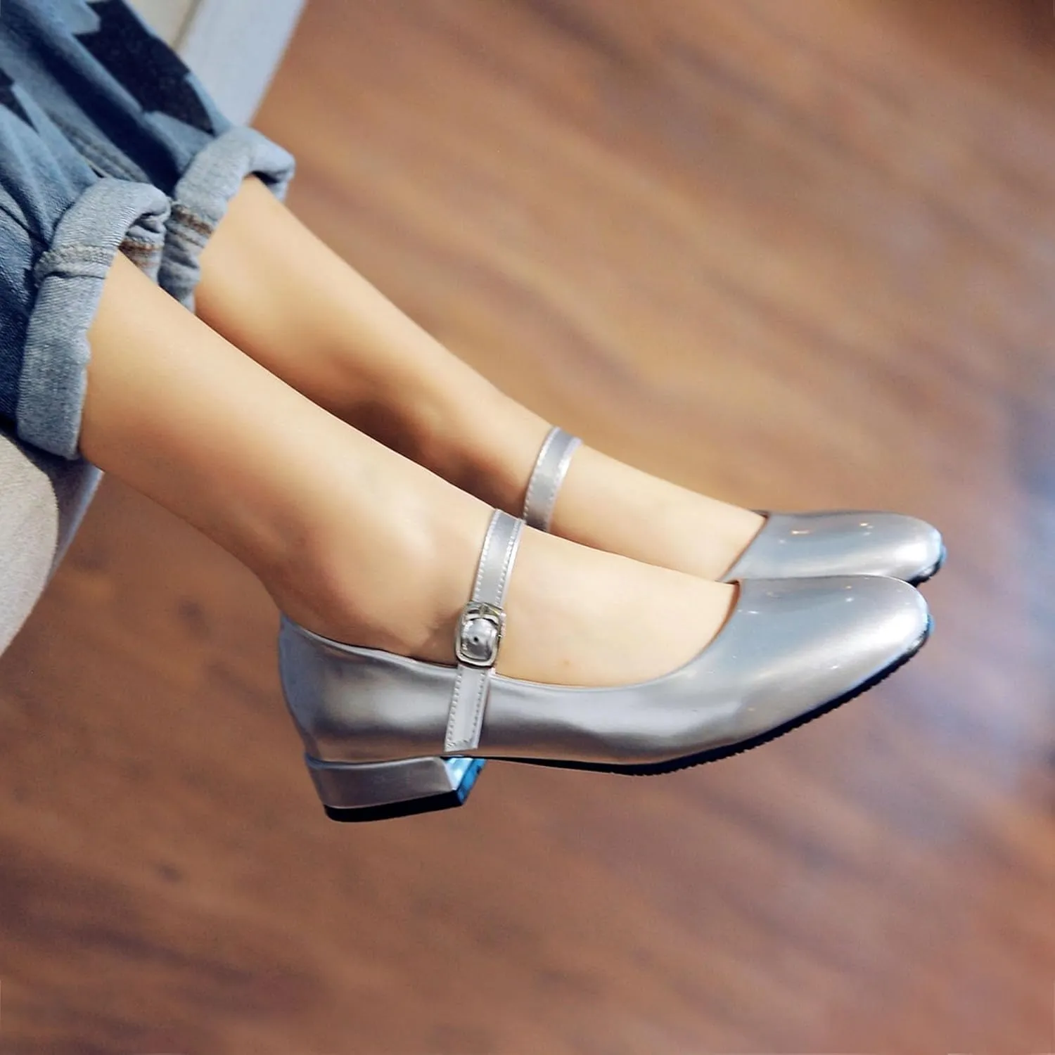 Round Toe Ankle Strap Mary Janes Flats Patent Leather Low Heels Pumps School Uniform Dress Shoes