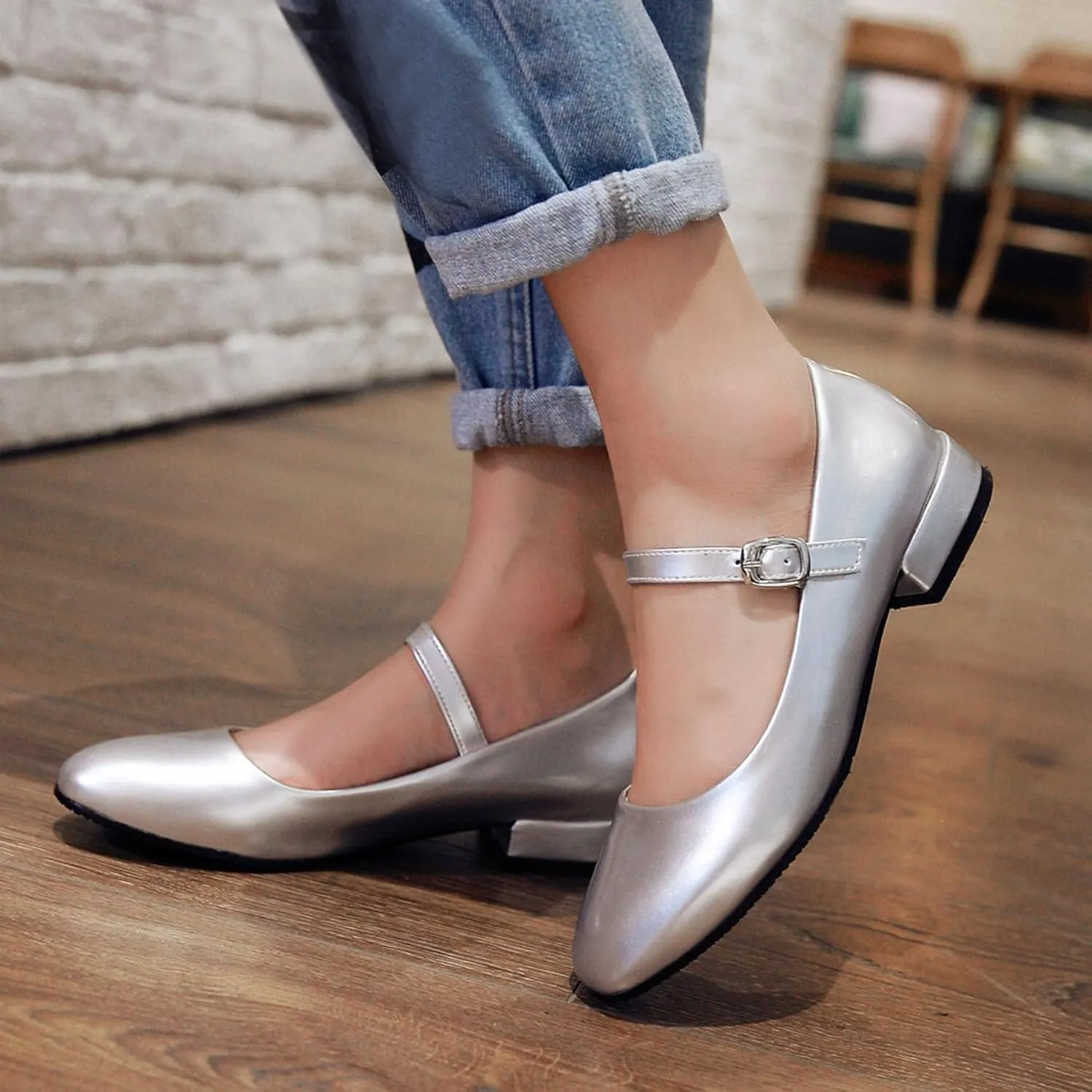 Round Toe Ankle Strap Mary Janes Flats Patent Leather Low Heels Pumps School Uniform Dress Shoes