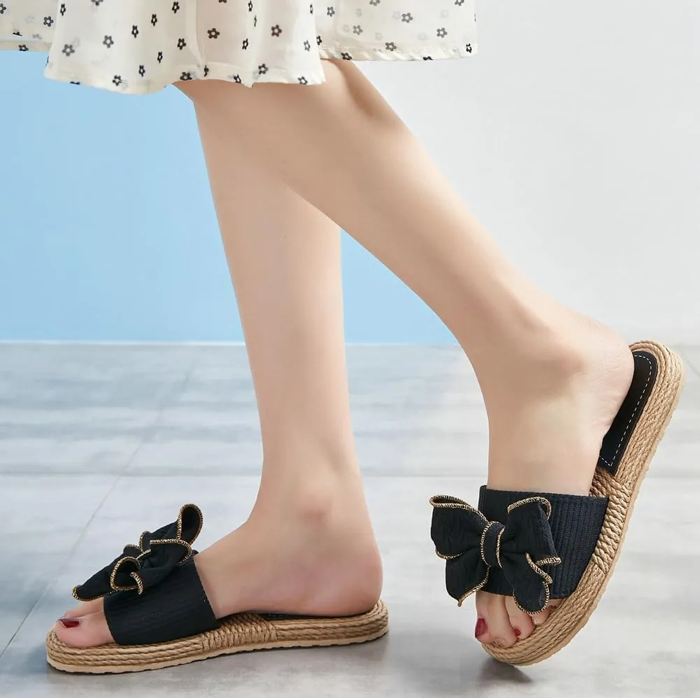 Rungion Women's Trendy Bow Flat Sandals Straw Open Toe Dressy Summer Beach Slide Sandals Outdoor Travel Slipper Shose