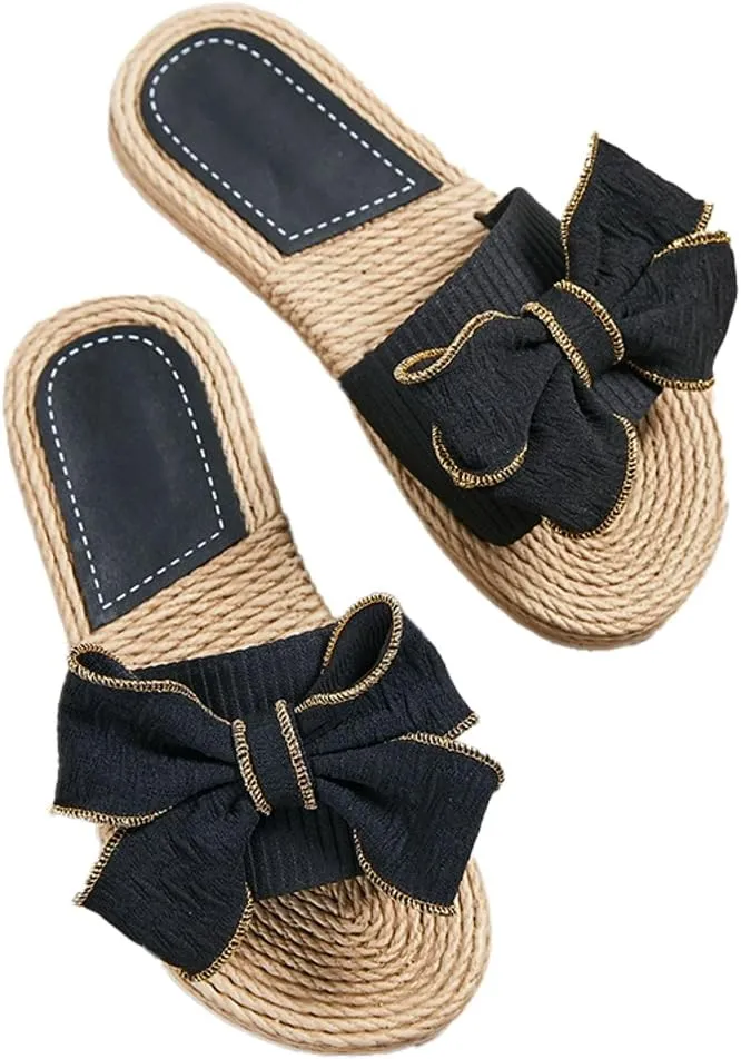 Rungion Women's Trendy Bow Flat Sandals Straw Open Toe Dressy Summer Beach Slide Sandals Outdoor Travel Slipper Shose