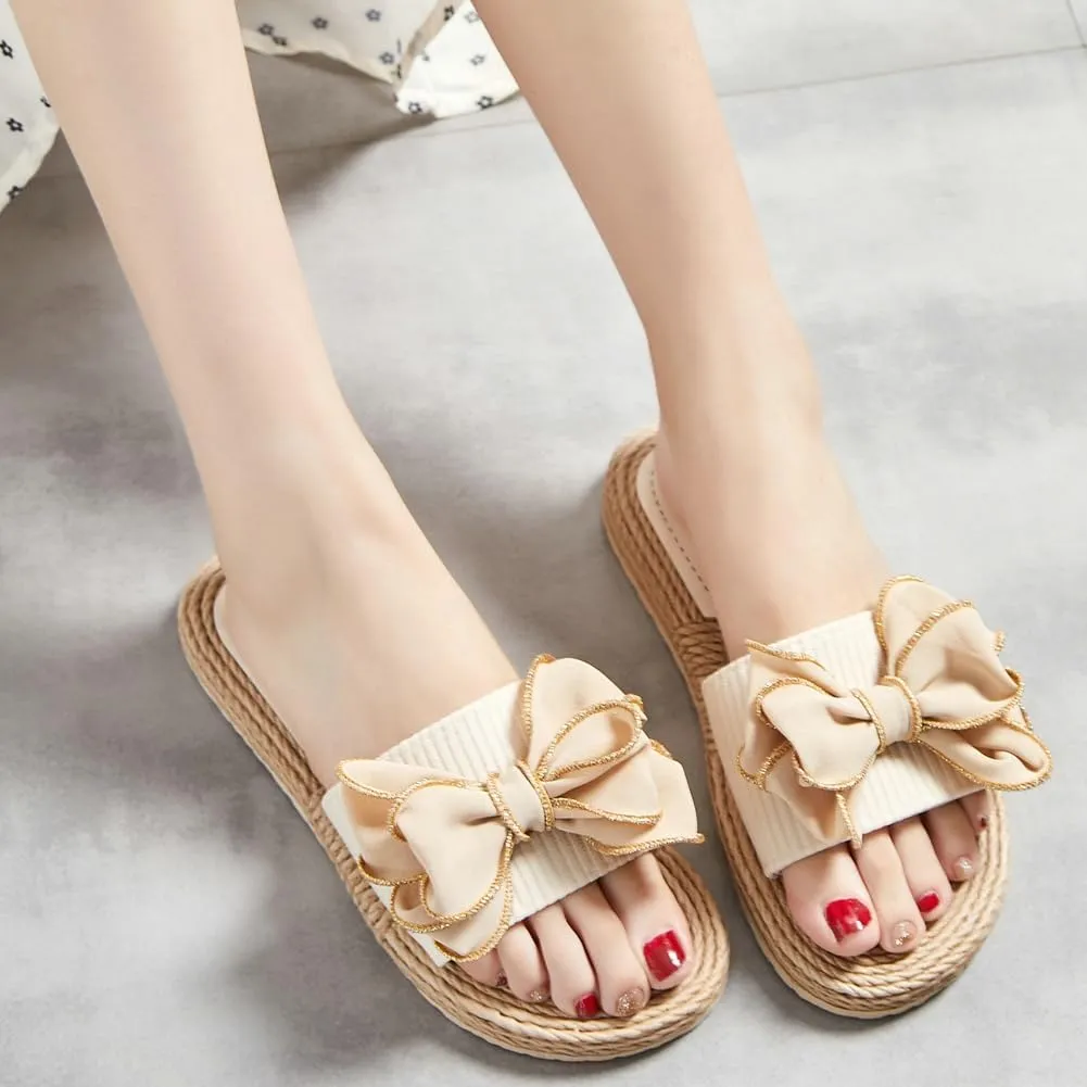Rungion Women's Trendy Bow Flat Sandals Straw Open Toe Dressy Summer Beach Slide Sandals Outdoor Travel Slipper Shose