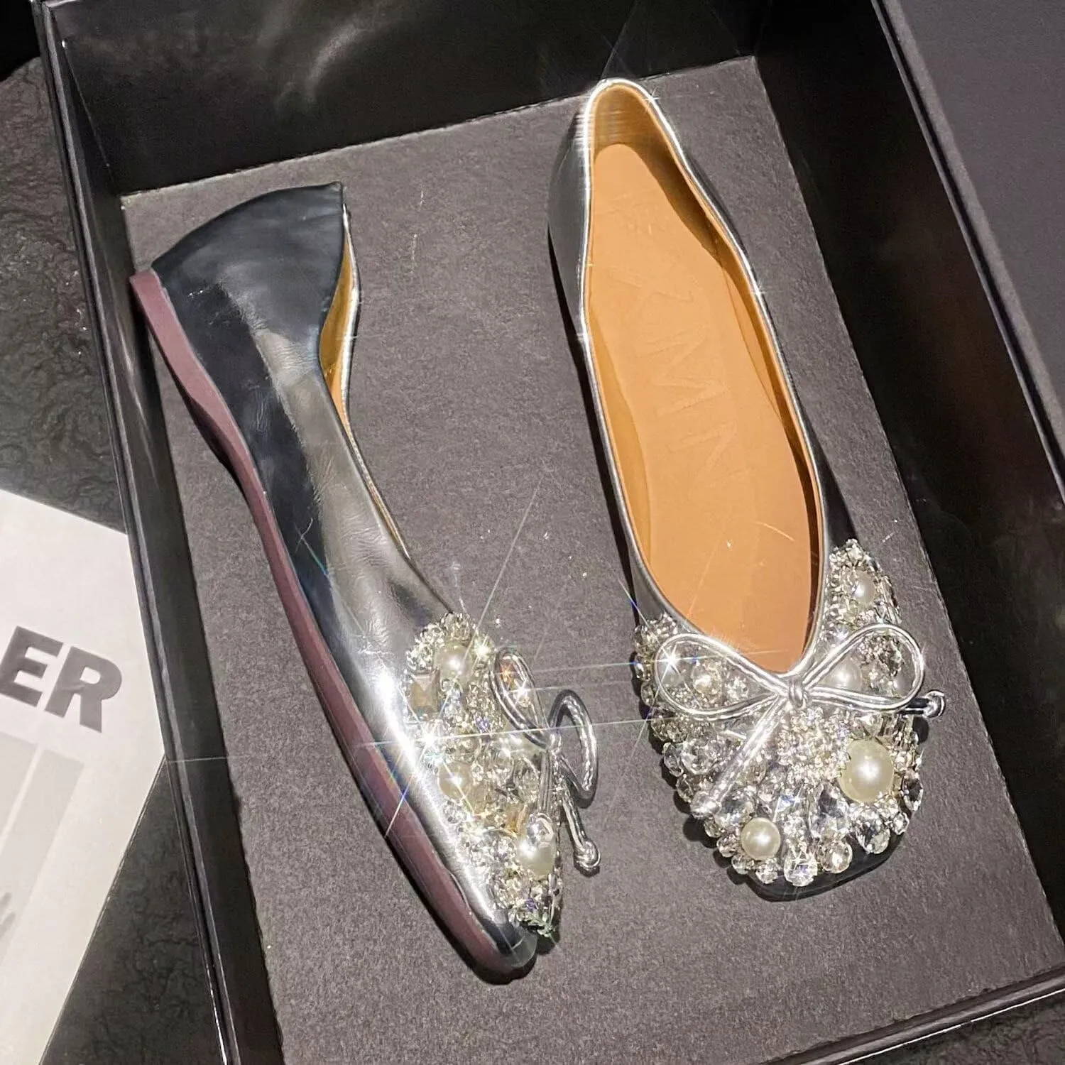 SAILING LU Womens Rhinestones Square Toe Ballet Flats Dressy Comfortable Flat Shoes Wedding Elegant Slip-Ons for Women