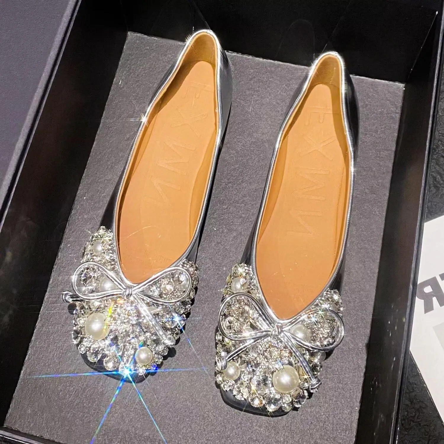 SAILING LU Womens Rhinestones Square Toe Ballet Flats Dressy Comfortable Flat Shoes Wedding Elegant Slip-Ons for Women