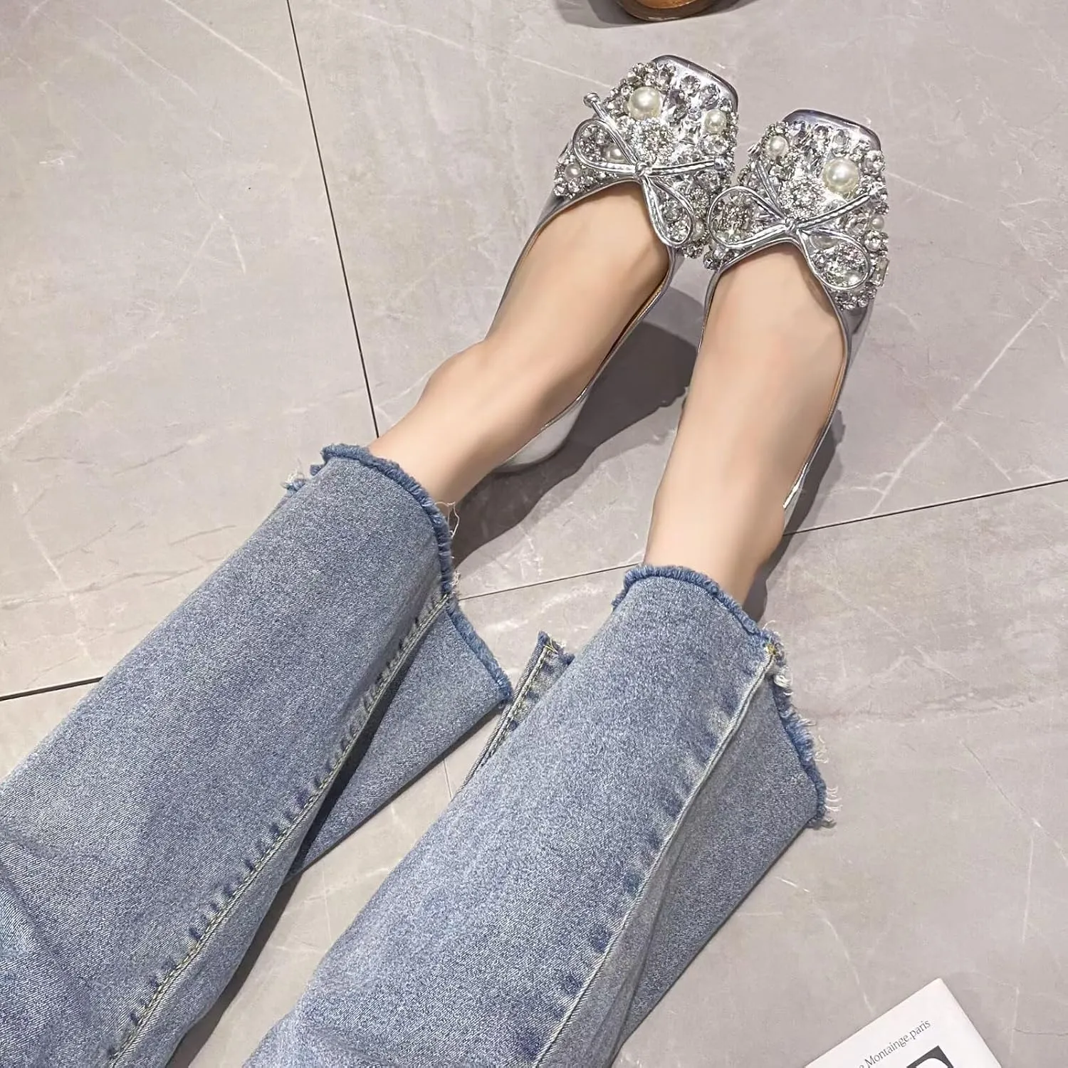 SAILING LU Womens Rhinestones Square Toe Ballet Flats Dressy Comfortable Flat Shoes Wedding Elegant Slip-Ons for Women
