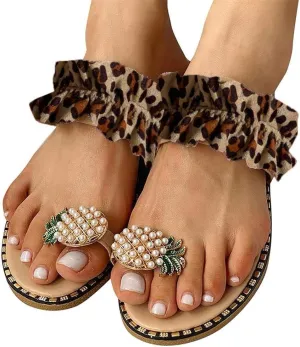 Sandals for Women Flat,Sweet Cute Pineapple Sandals Clip Toe Flip Flops Boho Casual Flat Slippers Beach Shoes