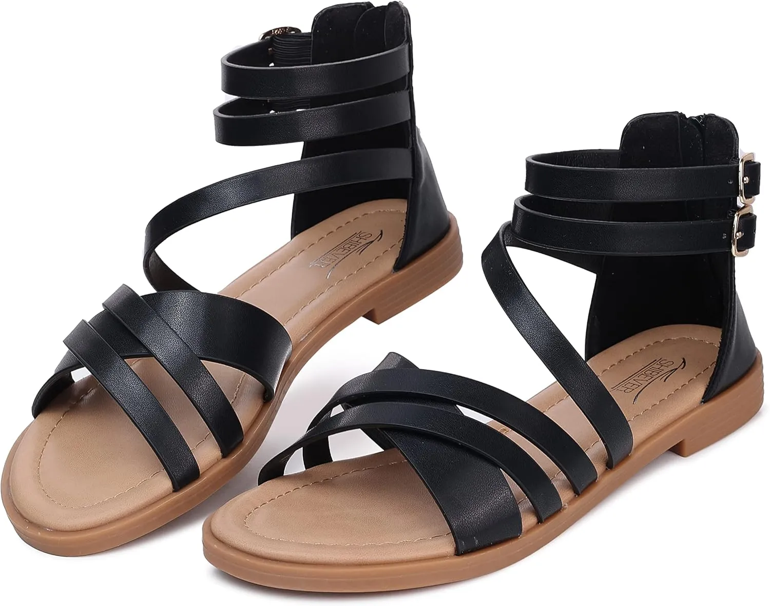 SHIBEVER Gladiator Strappy Sandals for Women: Dressy Summer Comfortable Flat, Back Zipper Roman Comfy Womens Sandals