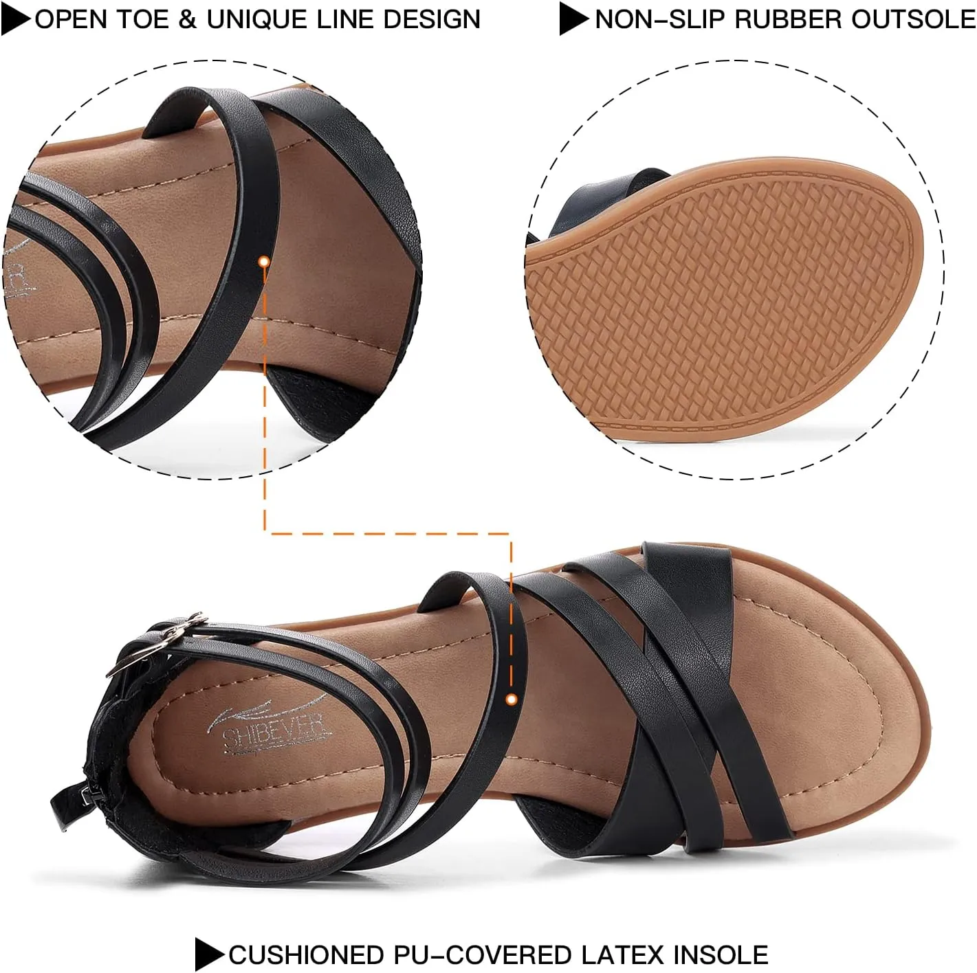 SHIBEVER Gladiator Strappy Sandals for Women: Dressy Summer Comfortable Flat, Back Zipper Roman Comfy Womens Sandals