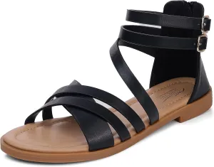 SHIBEVER Gladiator Strappy Sandals for Women: Dressy Summer Comfortable Flat, Back Zipper Roman Comfy Womens Sandals
