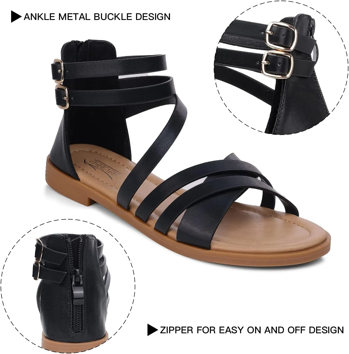 SHIBEVER Gladiator Strappy Sandals for Women: Dressy Summer Comfortable Flat, Back Zipper Roman Comfy Womens Sandals