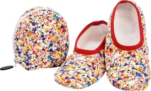 Snoozies Skinnies Packable and Foldable Travel Slippers for Women with Zipper Pouch, Soft Sherpa-Lined Slipper Socks Non-Skid