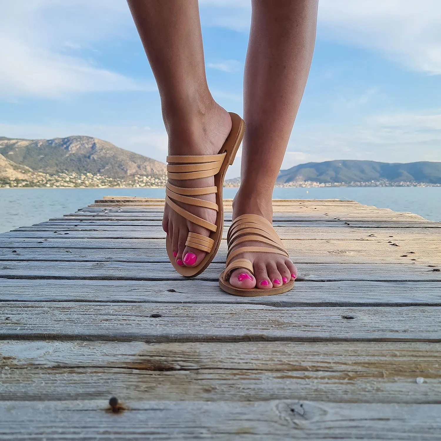 Strappy Flats Sandals, Toe Ring Womens Open Toe Summer Gladiator Shoes, Handmade (8, Beige)