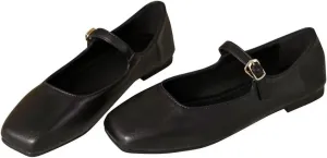 Stunner Women's Mary Jane Flats Fashion Square Toe Soft Ballet Flats Comfort Leather Office Driving Flats Black 37(6.5) 2