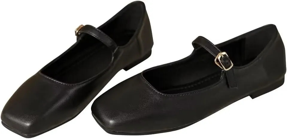 Stunner Women's Mary Jane Flats Fashion Square Toe Soft Ballet Flats Comfort Leather Office Driving Flats Black 37(6.5) 2