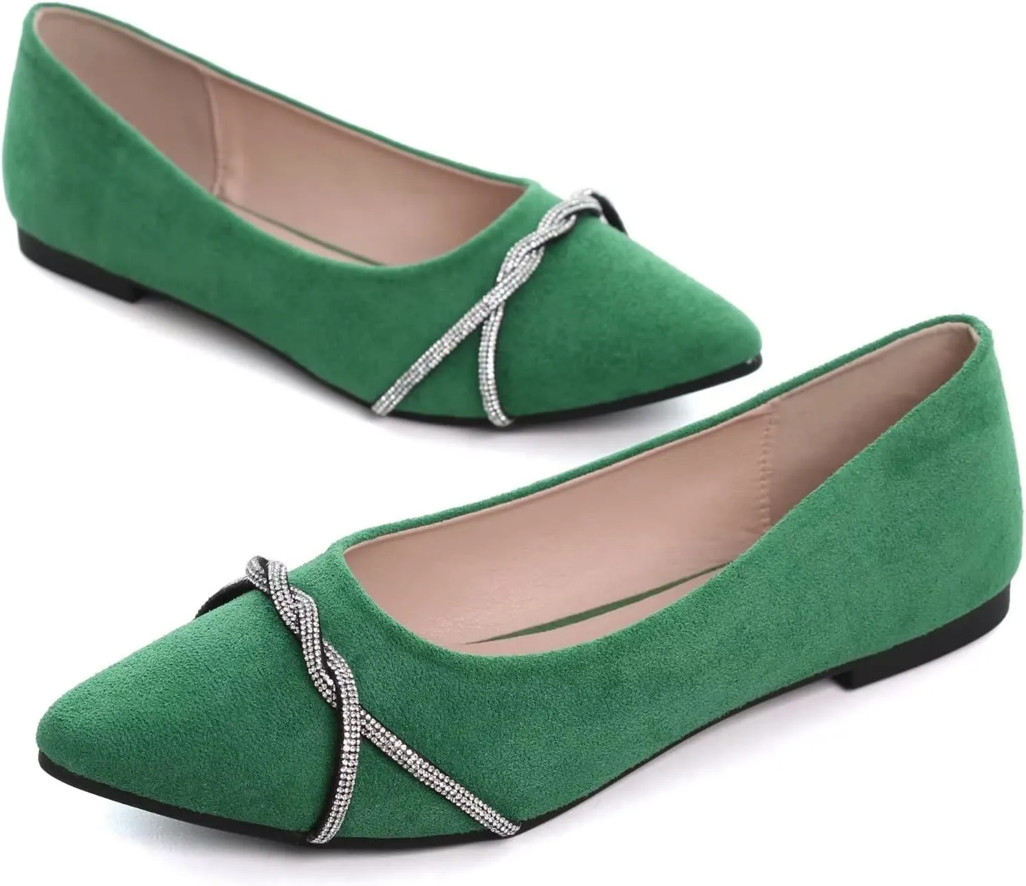 Stunner Women's Pointy Toe Diamond Chain Slip on Ballet Flats Formal Dress Flat Shoes for Working