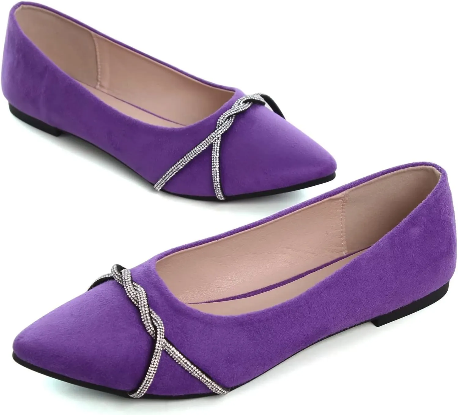 Stunner Women's Pointy Toe Diamond Chain Slip on Ballet Flats Formal Dress Flat Shoes for Working