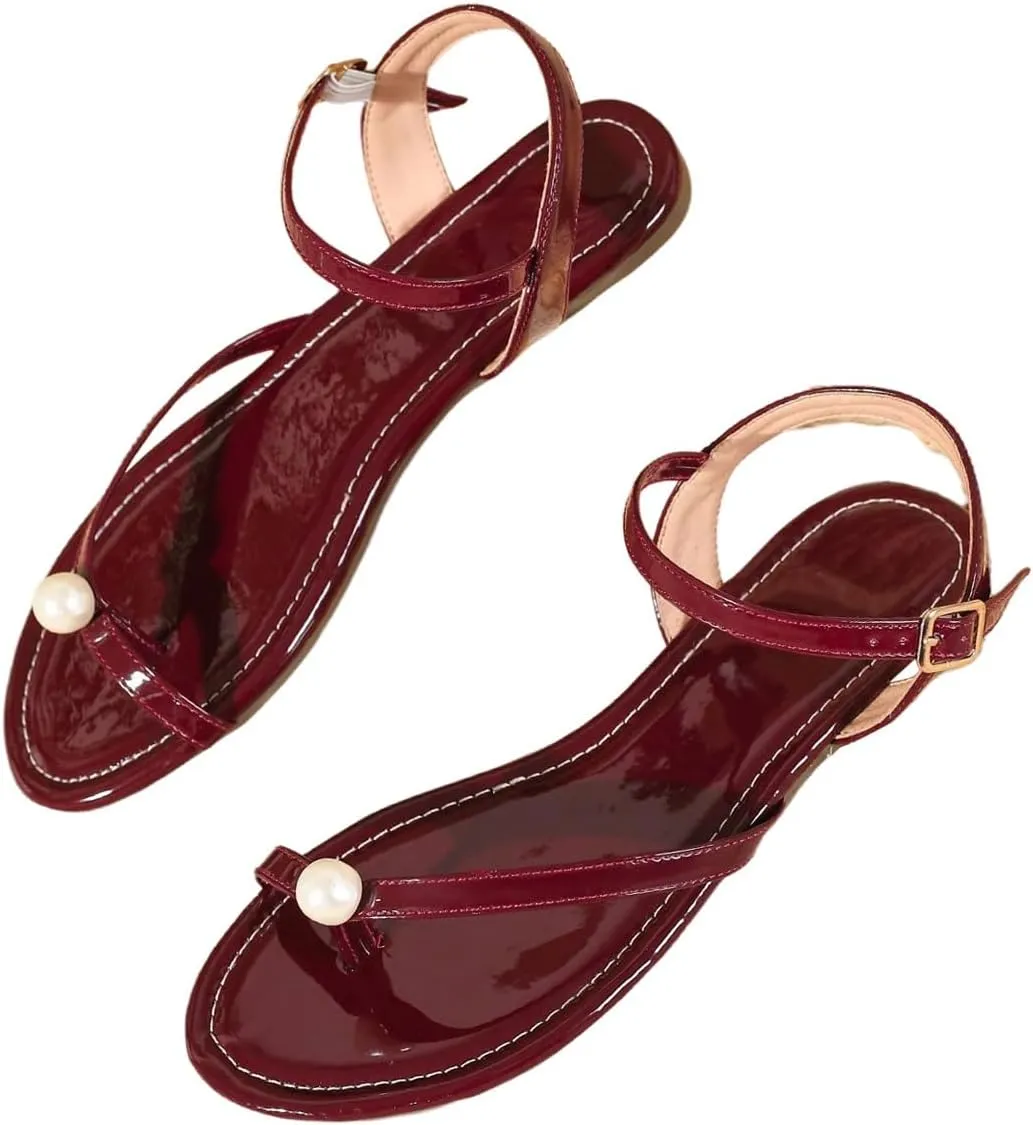 SweatyRocks Women's Pearl Thong Sandals Open Toe Ankle Strap Leather Flat Sandals