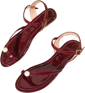 SweatyRocks Women's Pearl Thong Sandals Open Toe Ankle Strap Leather Flat Sandals