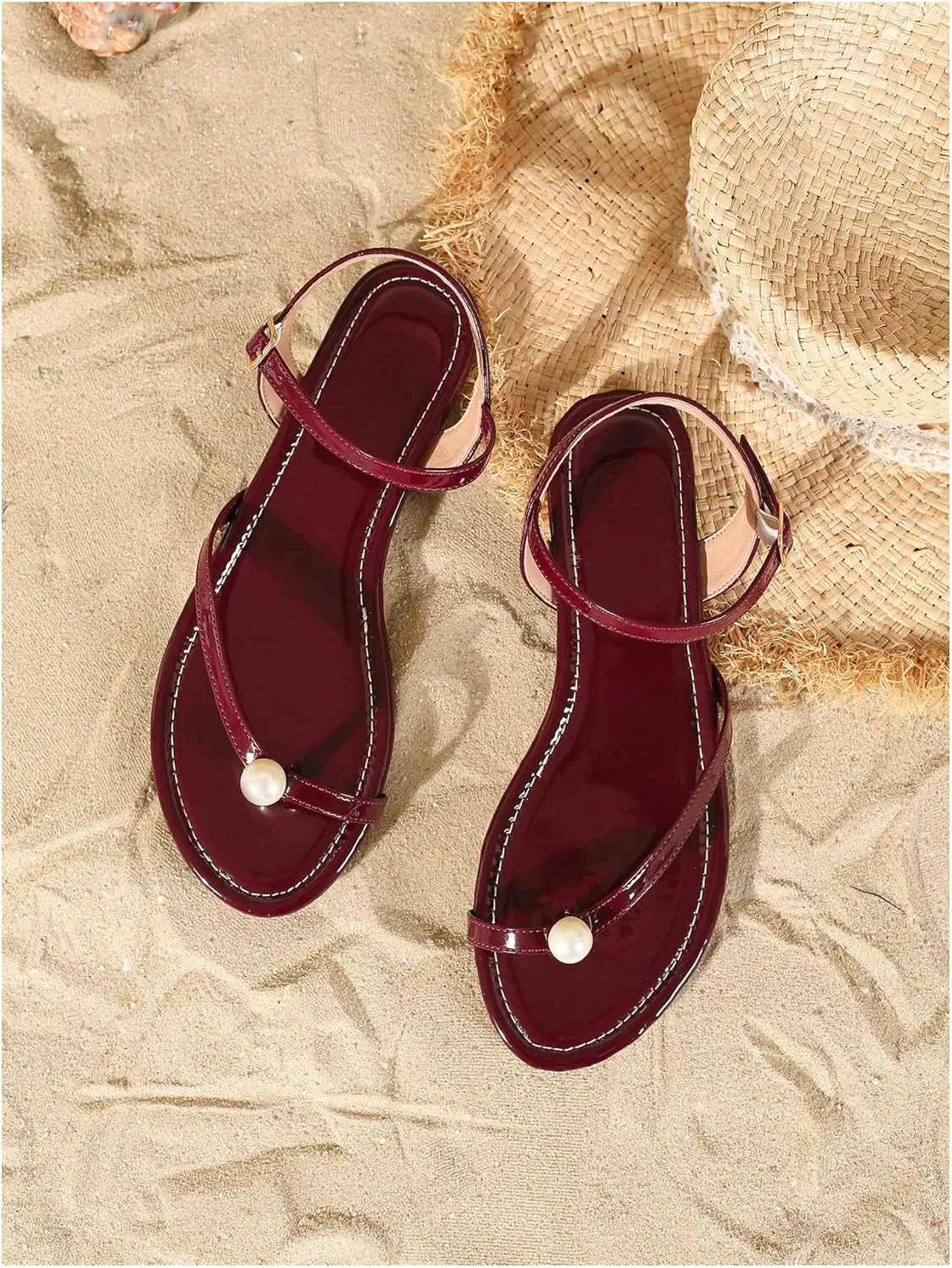 SweatyRocks Women's Pearl Thong Sandals Open Toe Ankle Strap Leather Flat Sandals