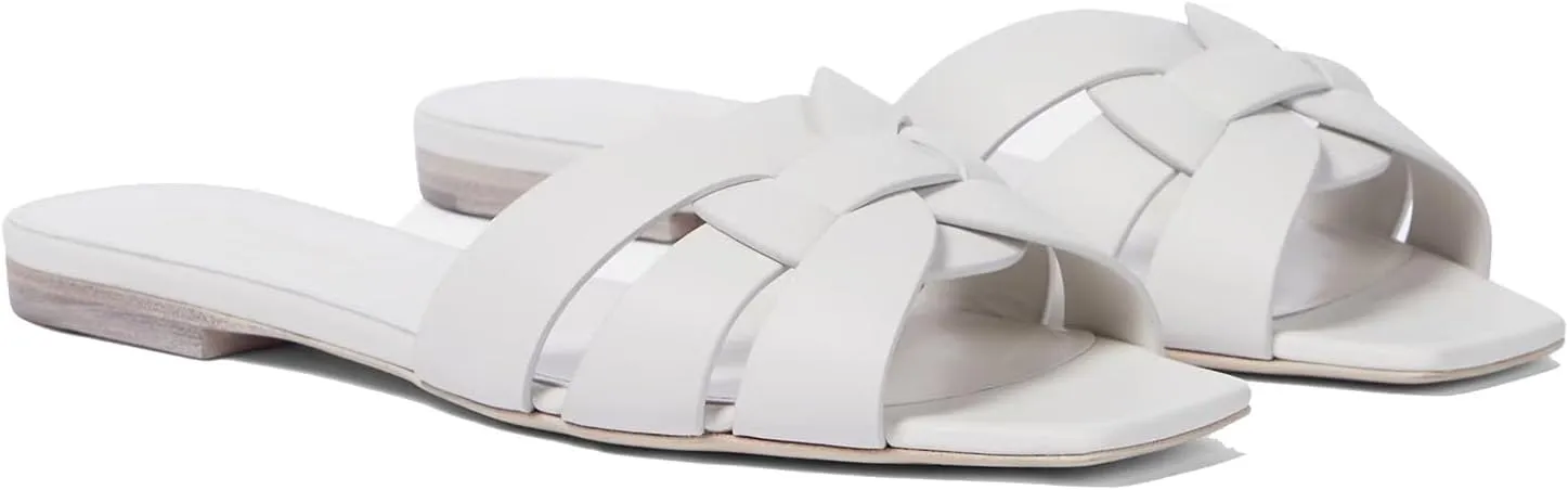 THESHY Women's Flat Sandals Square Toe Patent Leather Comfortable Slip on Slippers Casual Summer Dressy Beach Slide Sandals for Women
