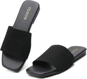 Tilocow Knitted Flat Sandals For women Square Open Toe Slide Sandals Casual Summer Shoes