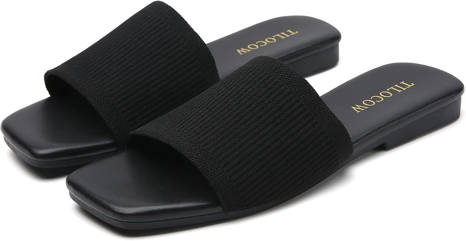 Tilocow Knitted Flat Sandals For women Square Open Toe Slide Sandals Casual Summer Shoes