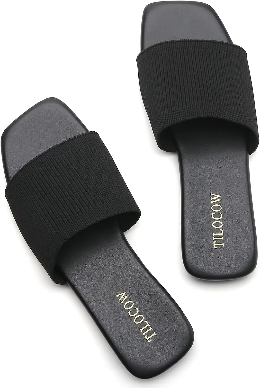 Tilocow Knitted Flat Sandals For women Square Open Toe Slide Sandals Casual Summer Shoes