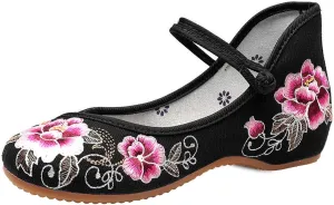 TN TANGNEST Women's Floral Embroidered Vintange Buckle Flat Shoes Round Toe Dress Mary Jane Shoes
