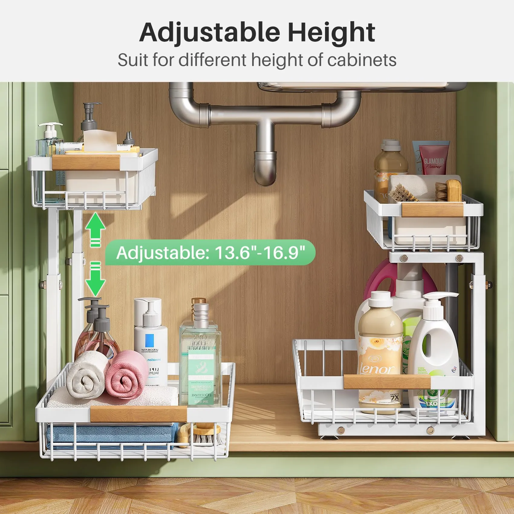 Under Sink Organizer, 2 Packs 2 Tier Under Sink Organizers and Storage, Slide out Pull out Cabinet Organizer Shelf, Metal Sliding Drawer for Kitchen Bathroom Pantry Closet Rack(White)