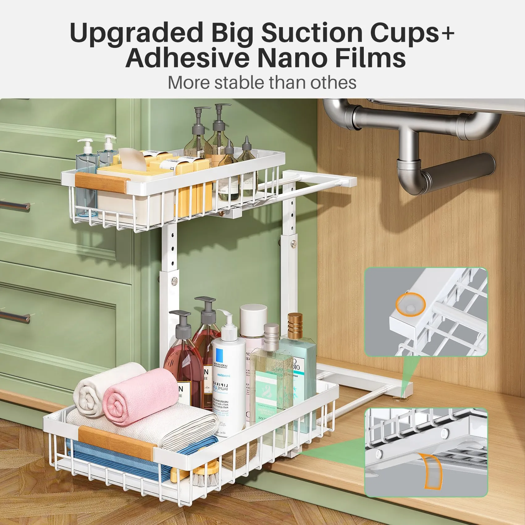 Under Sink Organizer, 2 Packs 2 Tier Under Sink Organizers and Storage, Slide out Pull out Cabinet Organizer Shelf, Metal Sliding Drawer for Kitchen Bathroom Pantry Closet Rack(White)