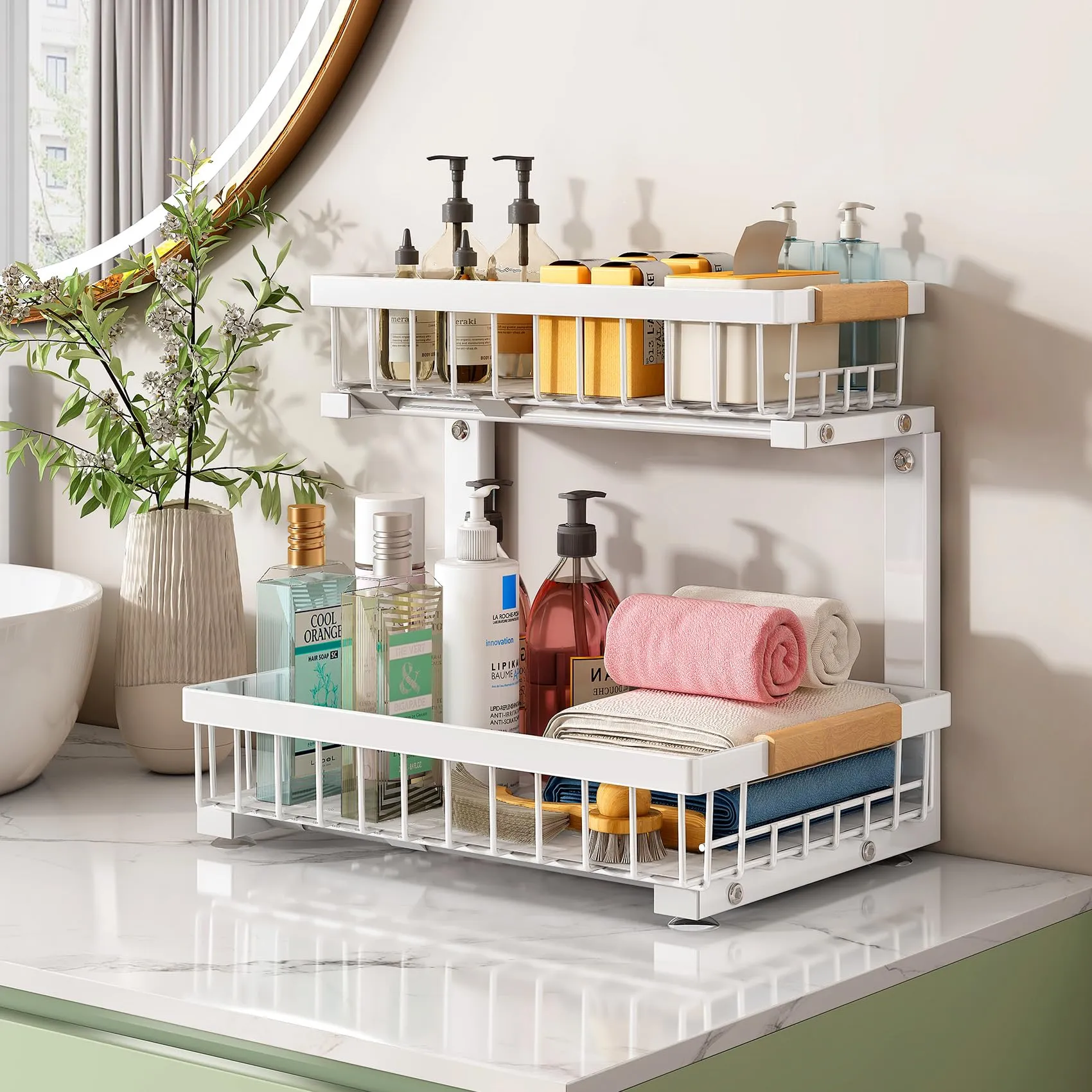 Under Sink Organizer, 2 Packs 2 Tier Under Sink Organizers and Storage, Slide out Pull out Cabinet Organizer Shelf, Metal Sliding Drawer for Kitchen Bathroom Pantry Closet Rack(White)
