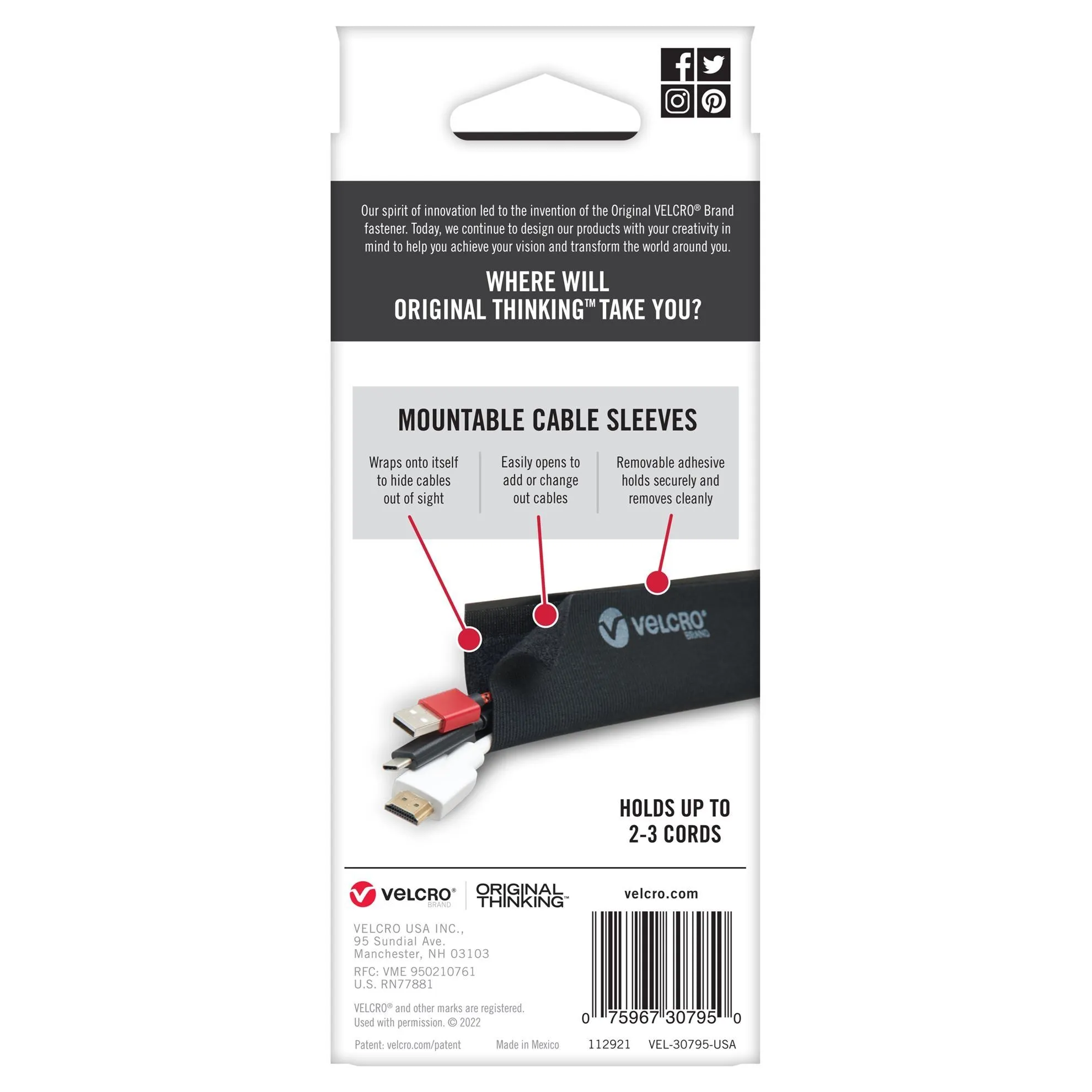 Velcro Mountable Cable Sleeves, Mount Electrical Cords, Removable Adhesive, Under Desk Management, 203x120mm, 2x Sleeve Pack, Black