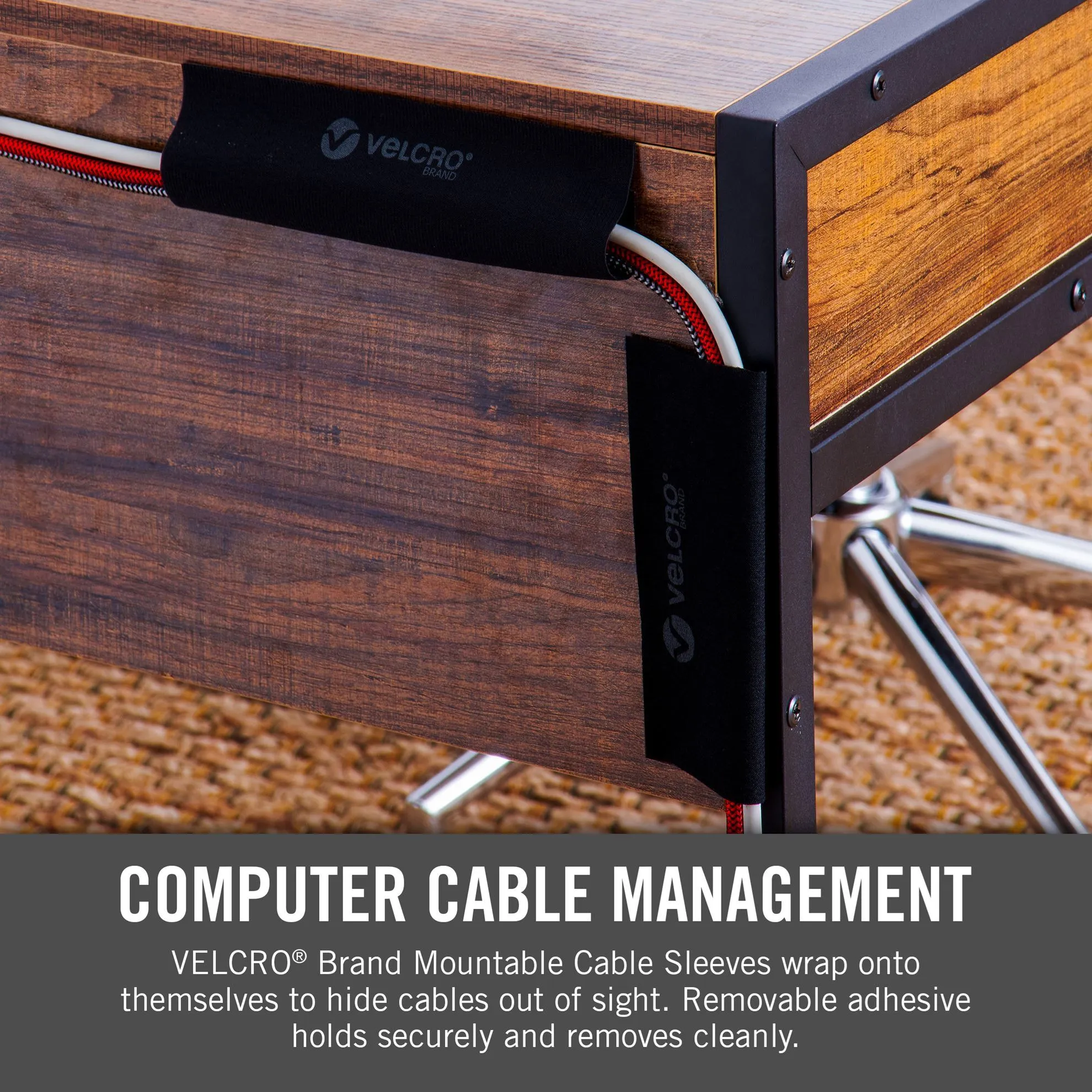 Velcro Mountable Cable Sleeves, Mount Electrical Cords, Removable Adhesive, Under Desk Management, 203x120mm, 2x Sleeve Pack, Black