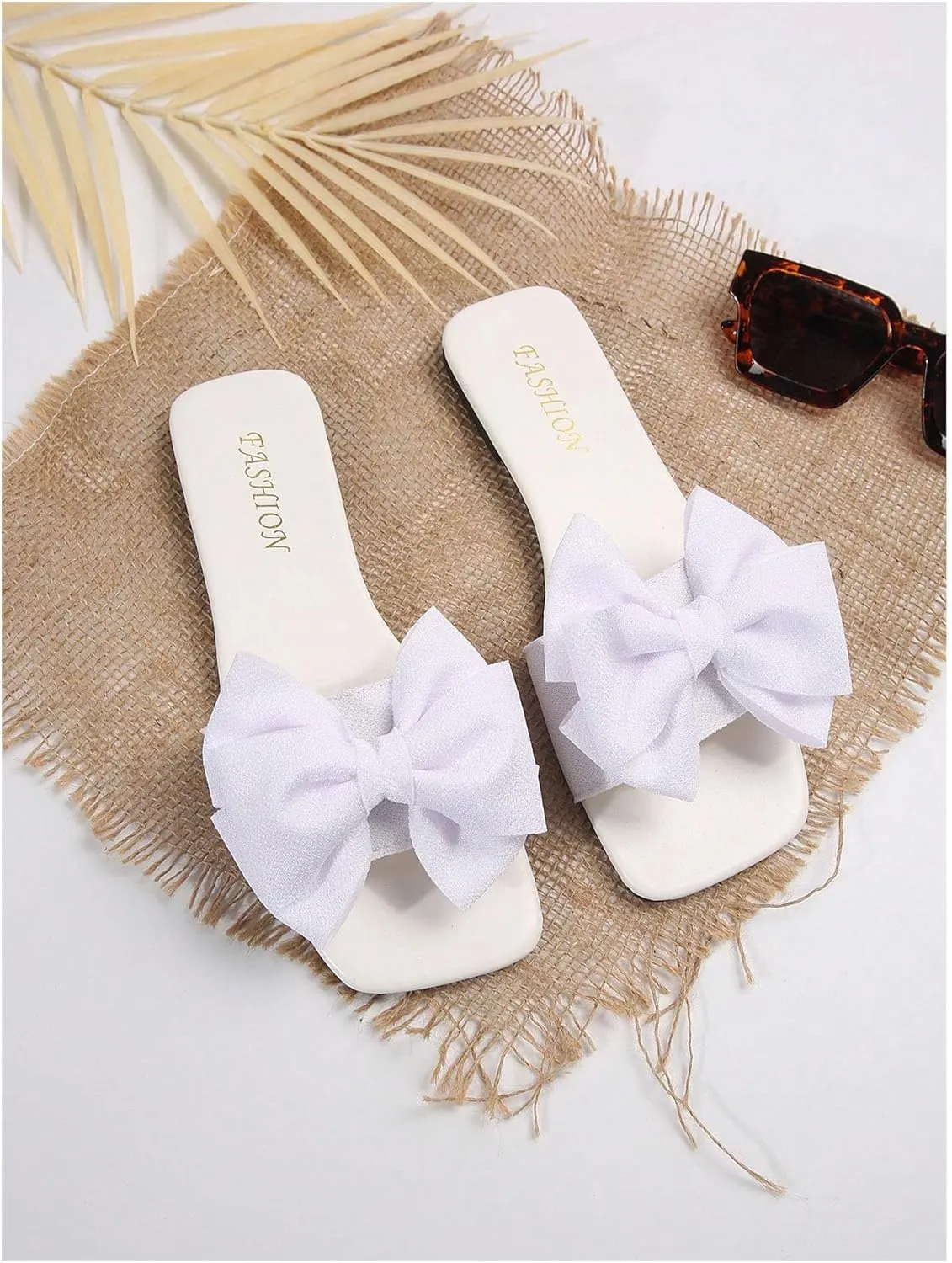 Verdusa Women's Bow Square Toe Flat Sandals Summer Slides Slip On Sandals