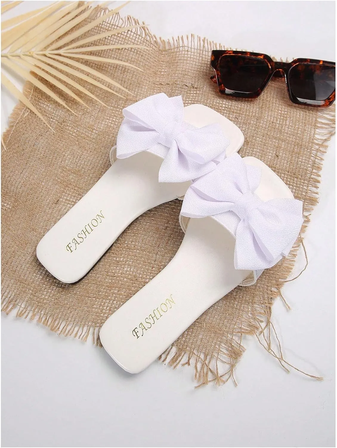 Verdusa Women's Bow Square Toe Flat Sandals Summer Slides Slip On Sandals